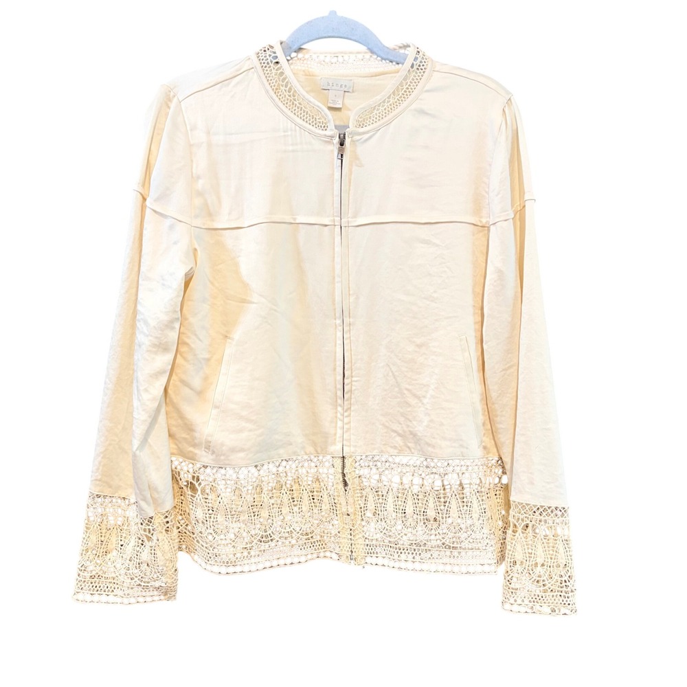 Hinge Cream Crochet Lace Trim Zip Up Bomber Jacket Ivory HL363122MI Womens Small